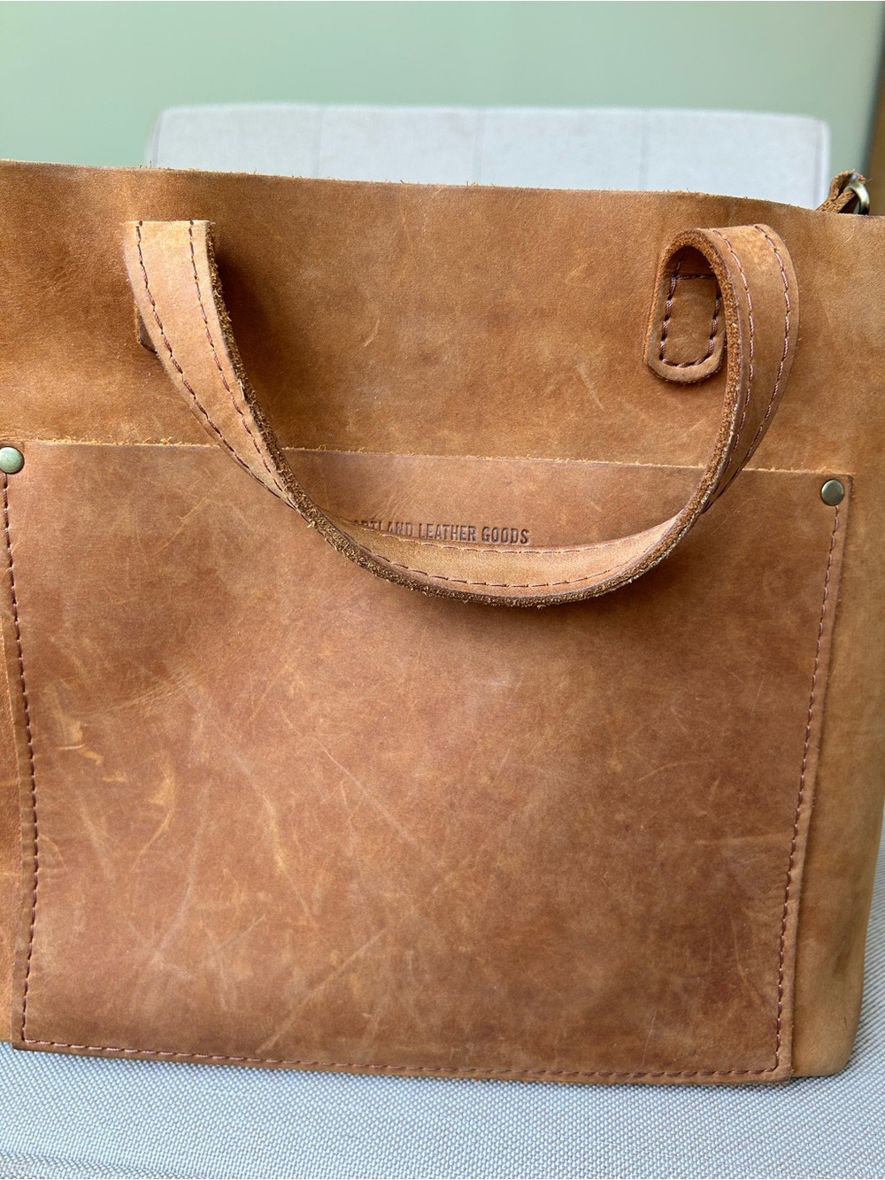 Portland Leather Cognac Shoulder Tote with Front Pocket - Picture 4 of 7